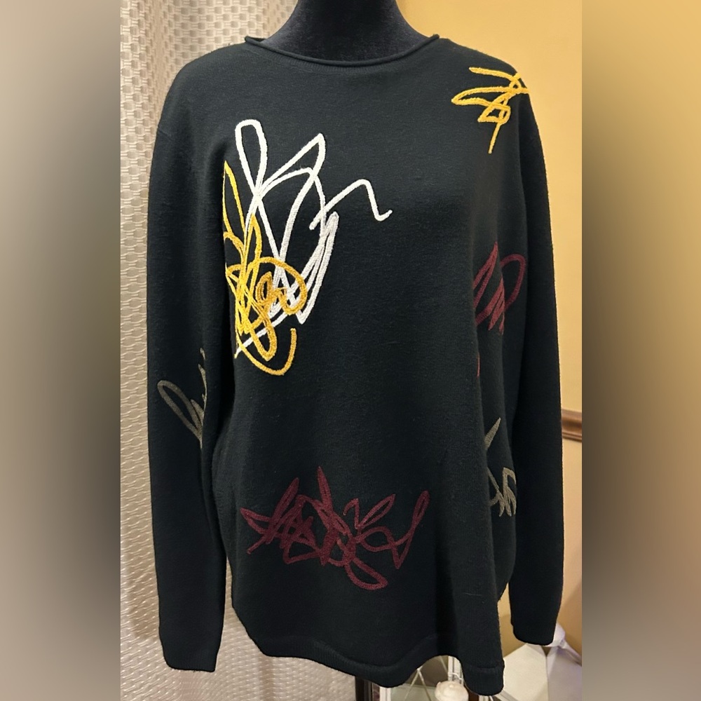NWT. Charlie B Scribble Design Black Sweater with Colorful Abstract Design - Picture 5 of 12